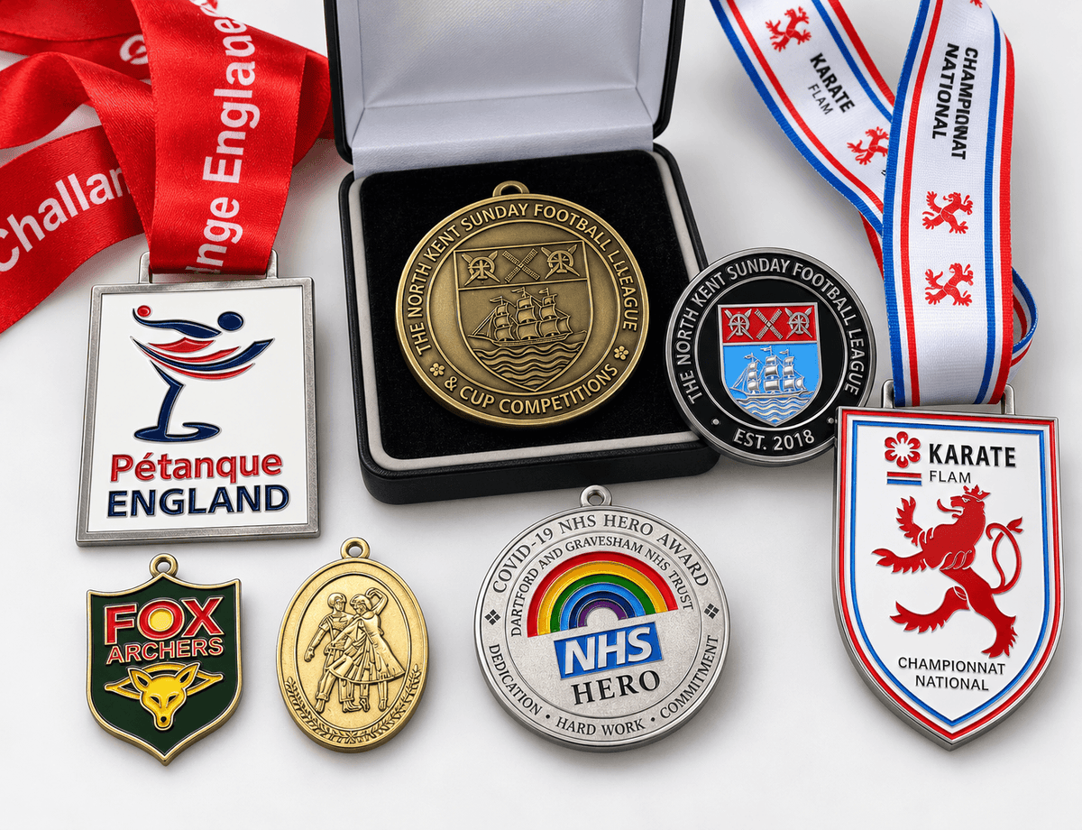 Selection of bespoke medals and badges in enamel, antique and printed finishes