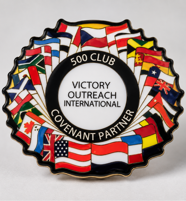 Printed custom badge with a cut-out shape and detailed multi-colour flag artwork