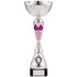 Silver Trophy Cup with Pink Crown and Rings Design