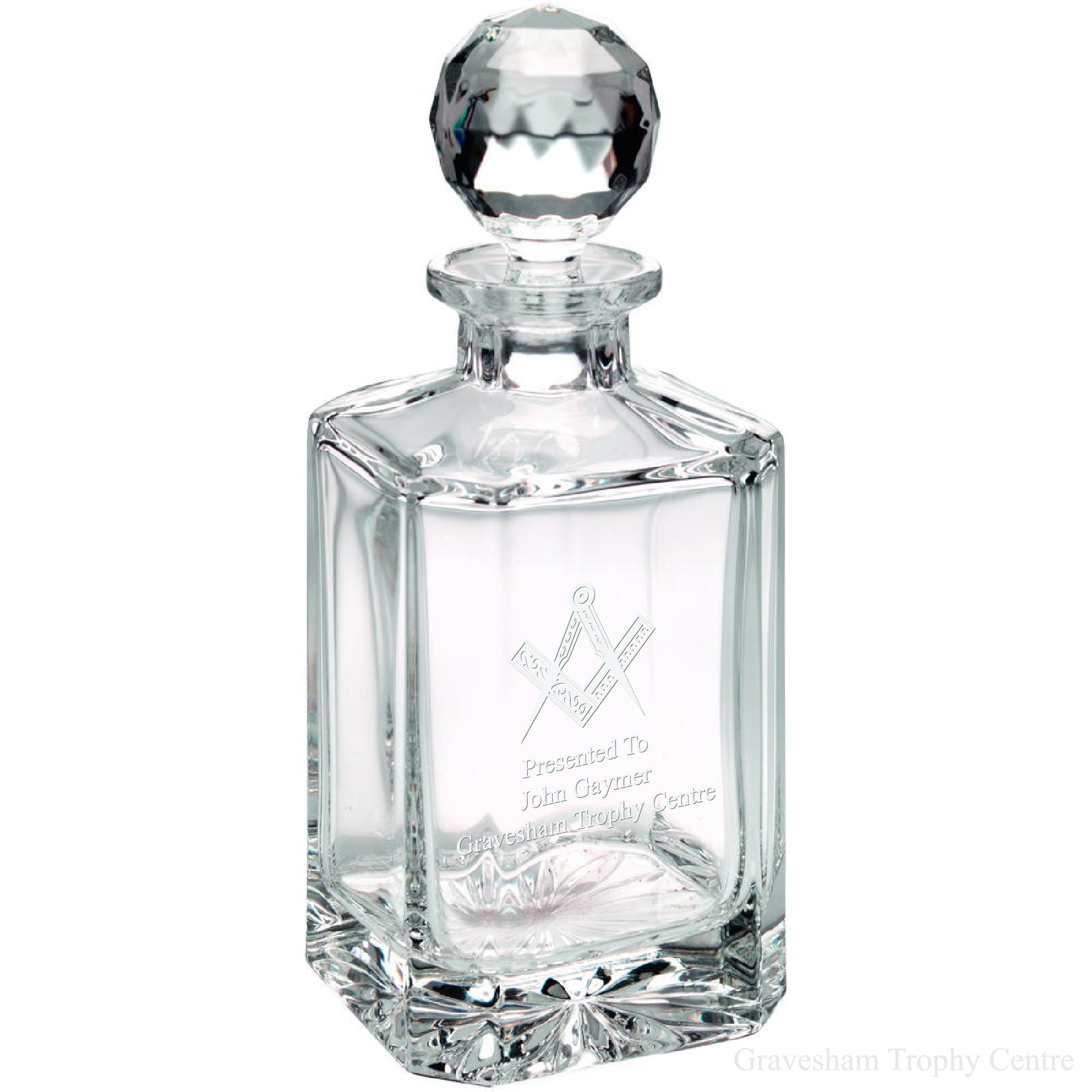 Masonic Square & Compass Crystal Whisky Decanter - Engraved - Satin Gift Box included.