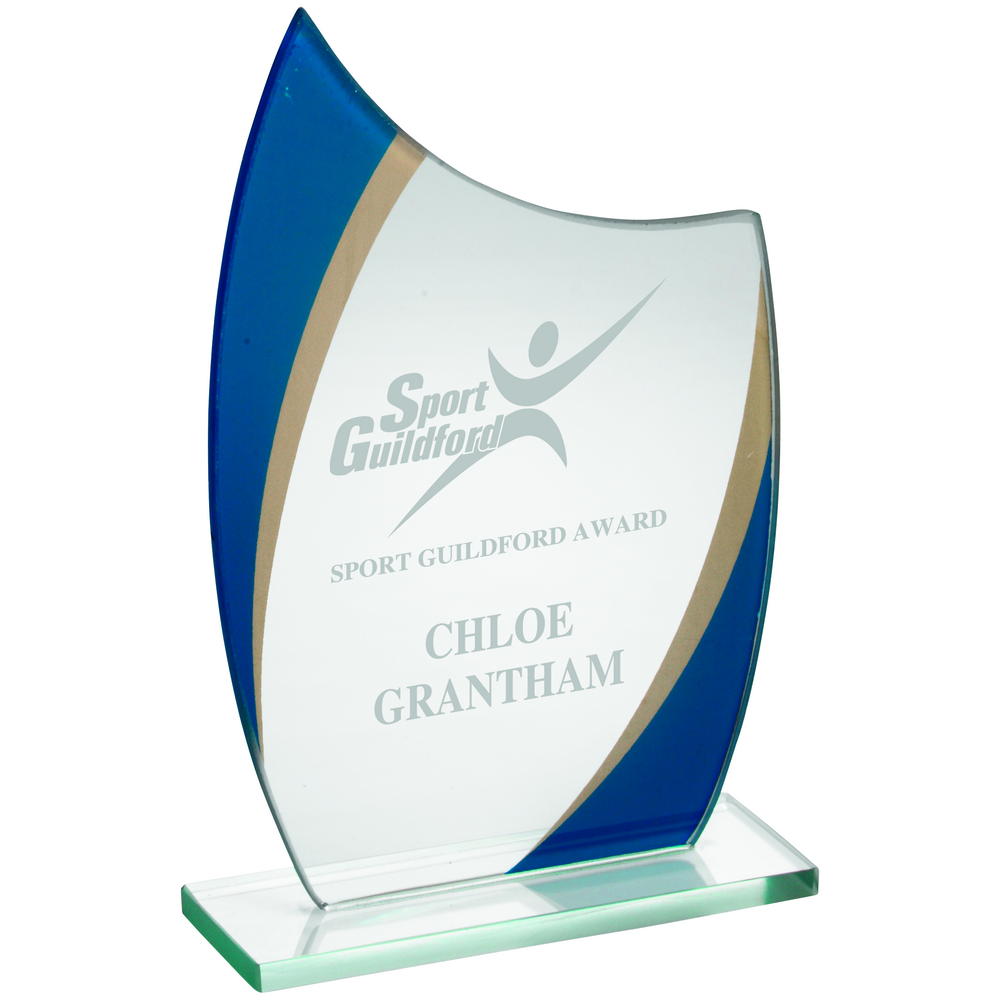 Jade Glass Award - Curved Plaque With Blue/Gold Highlights