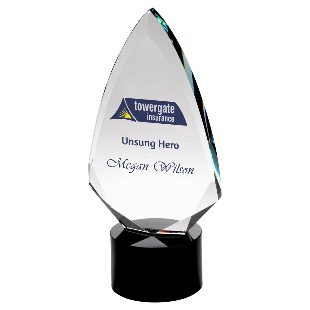 Personalised Clear Glass Award - Arrowhead on Round Black Base