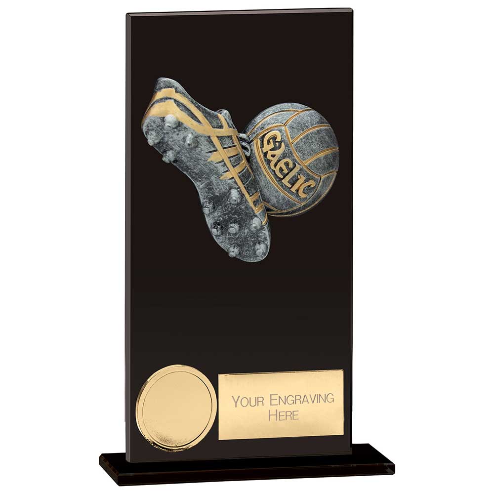 Euphoria Hero GAA Gaelic Football Boot & Ball Glass Plaque Award - Jet Black