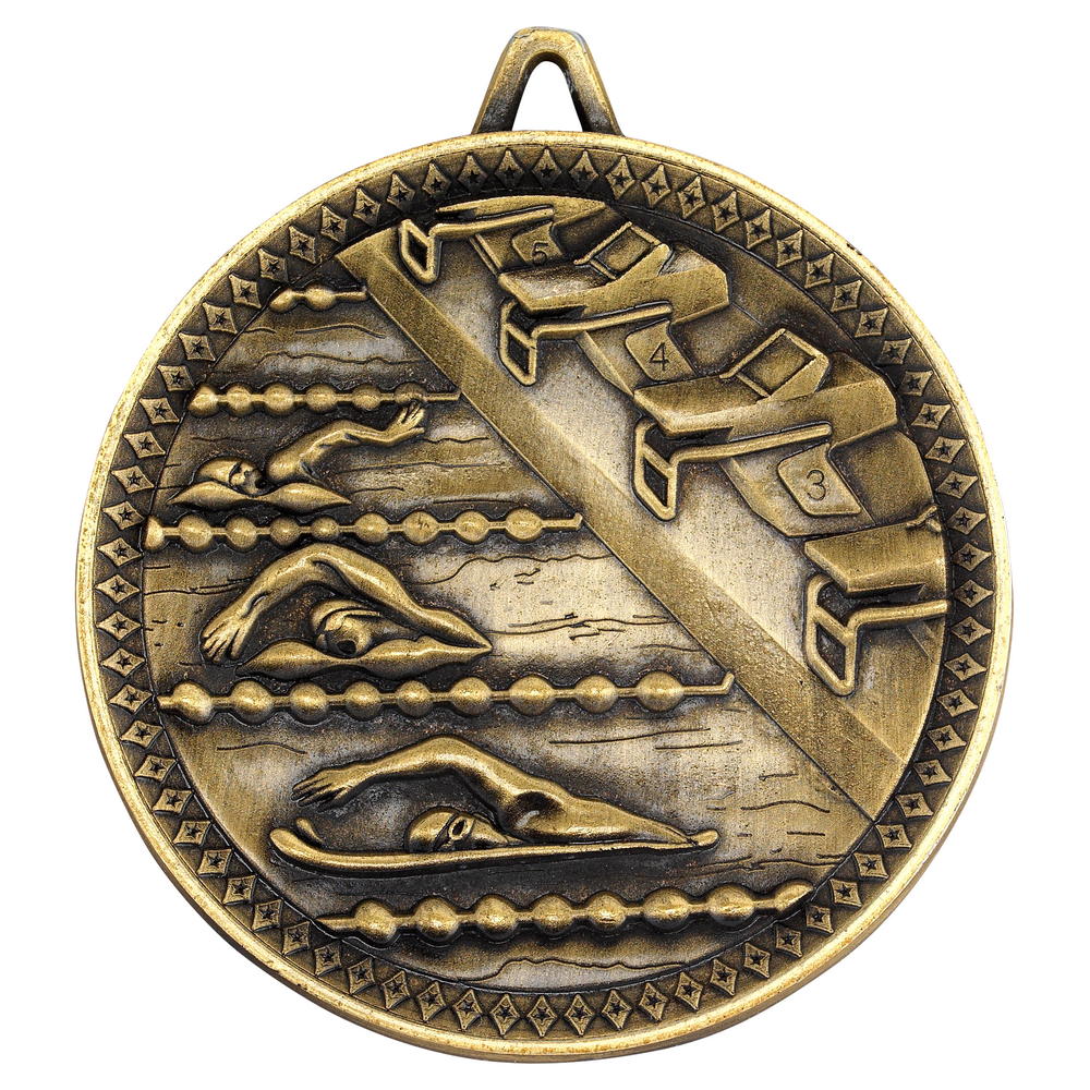 Swimming Deluxe Medal - Antique Gold 2.35in