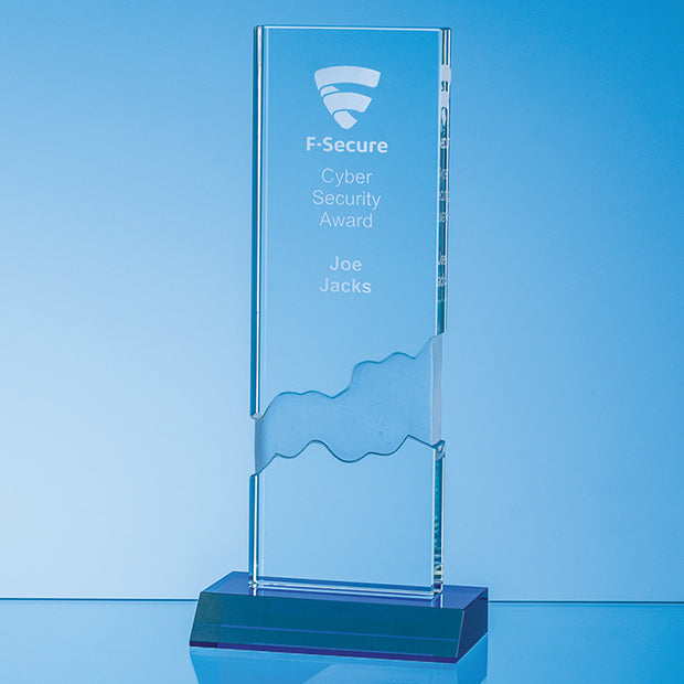 Engraved Mounted Crystal Rectangle Award on Blue Base