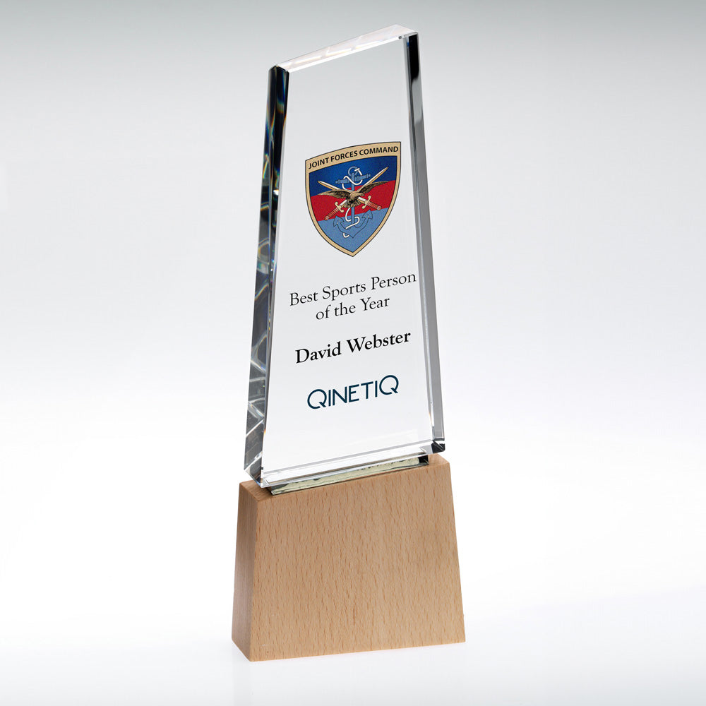 Colour Print Personalised Clear Glass Pointed Block Award On Light Wood Base (32mm Thick)