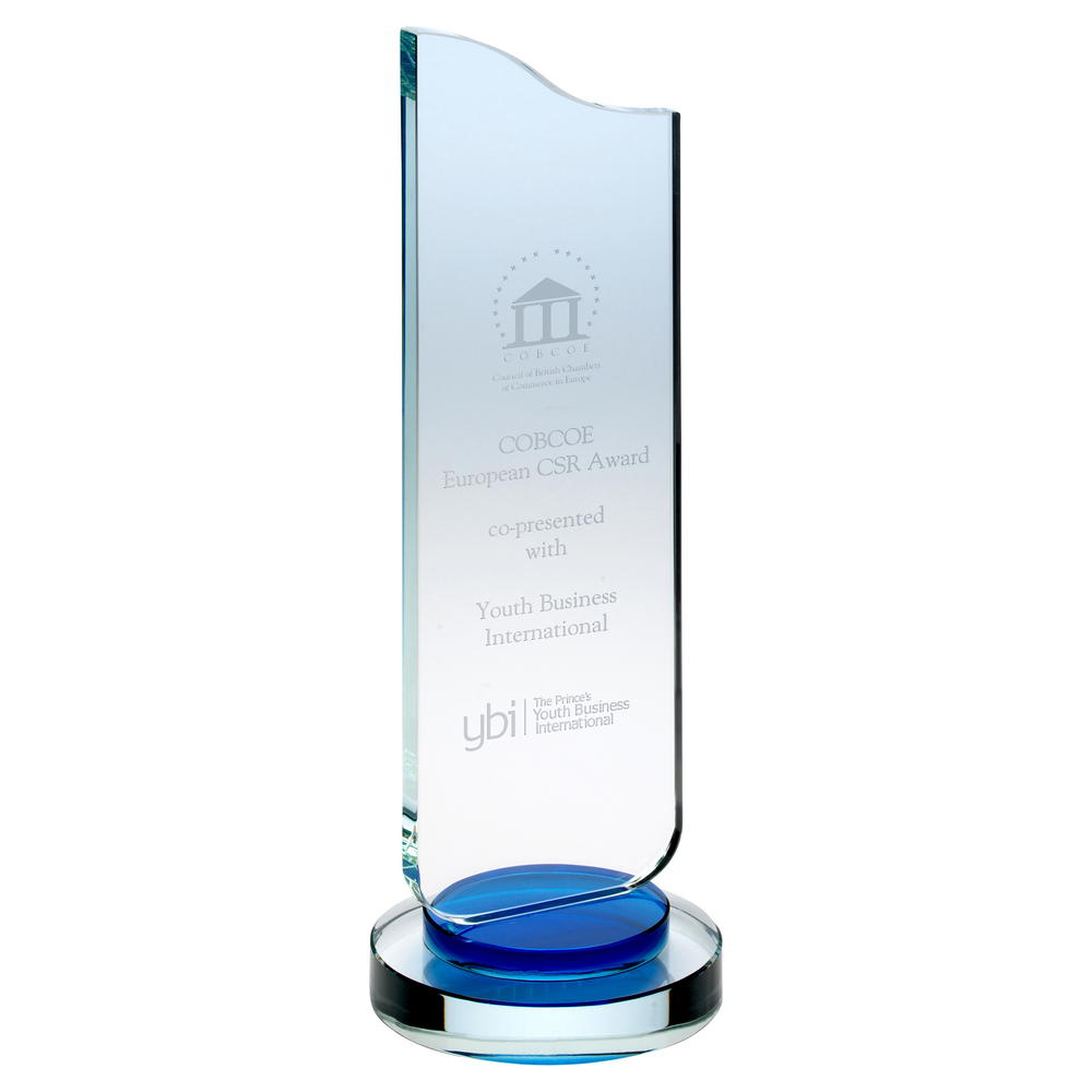 Personalised Clear/Blue Glass Award on Round Base