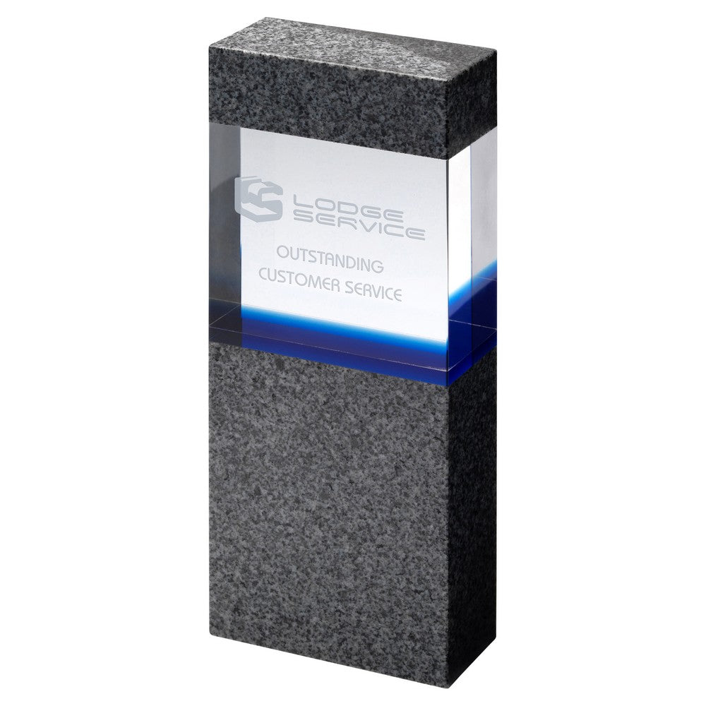 Engraved Clear/Blue Glass Award within Grey Marble Column