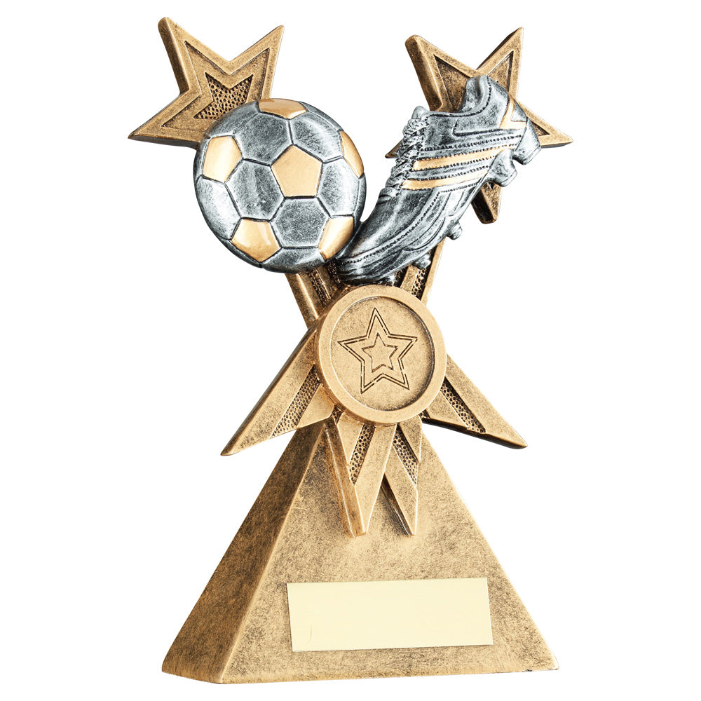 Bronze/Silver/Gold Football And Boot Trophy On Tri Star Riser