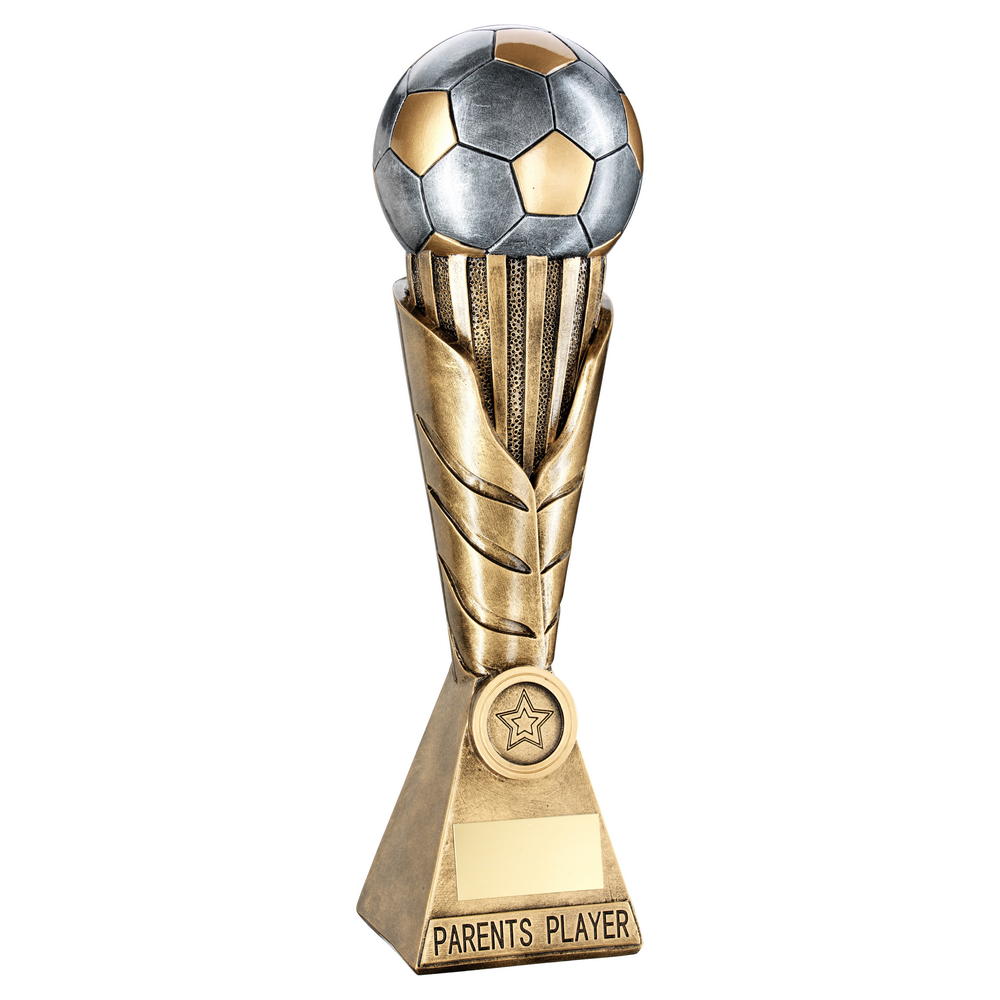 Bronze/Pewter/Gold Football On Leaf Burst Column Trophy - Parents Player (12in Height)