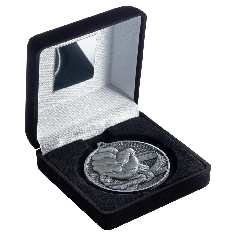Black Velvet Box And 60mm Medal Martial Arts Trophy - Antique Silver - 4in