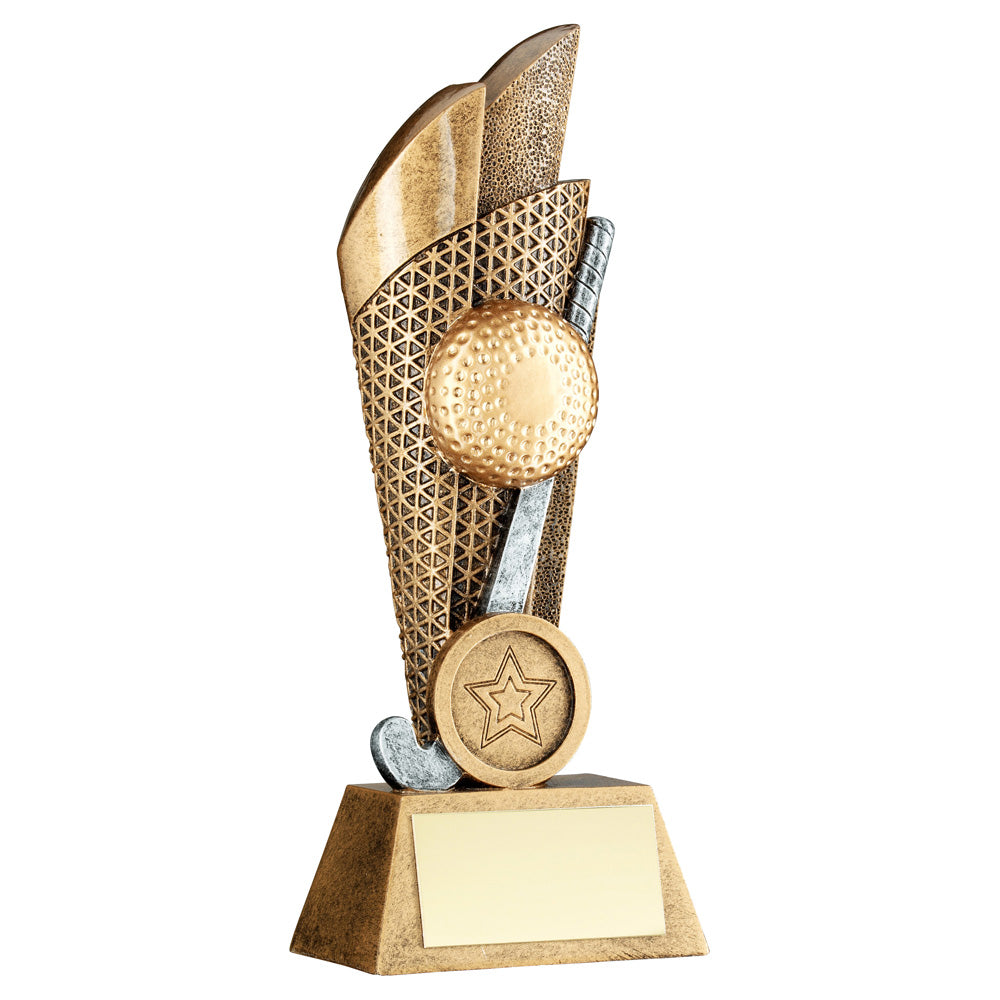 Silver/Gold Hockey Ball And Stick Trophy On Backdrop