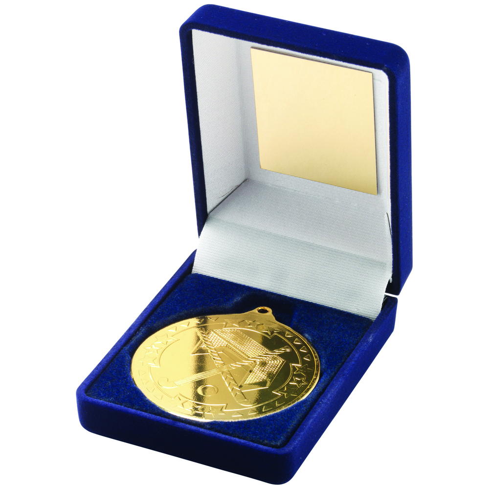 Blue Velvet Box And 50mm Medal Hockey Trophy - Gold 3.5in