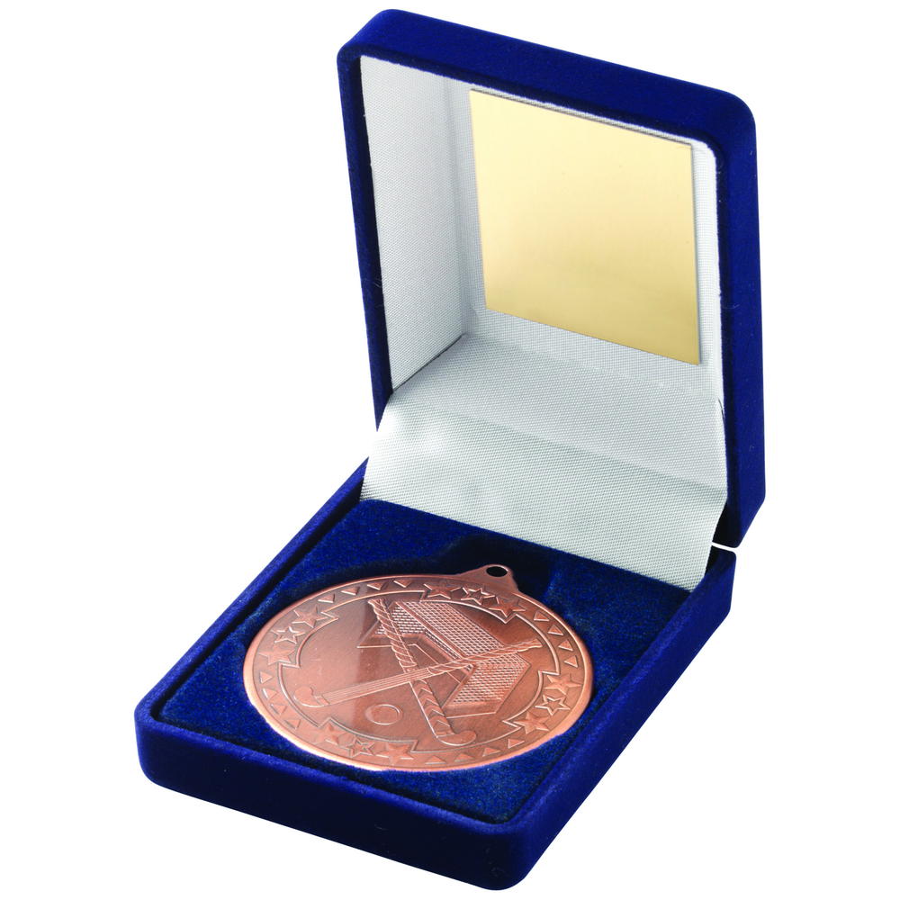 Blue Velvet Box And 50mm Medal Hockey Trophy - Bronze 3.5in