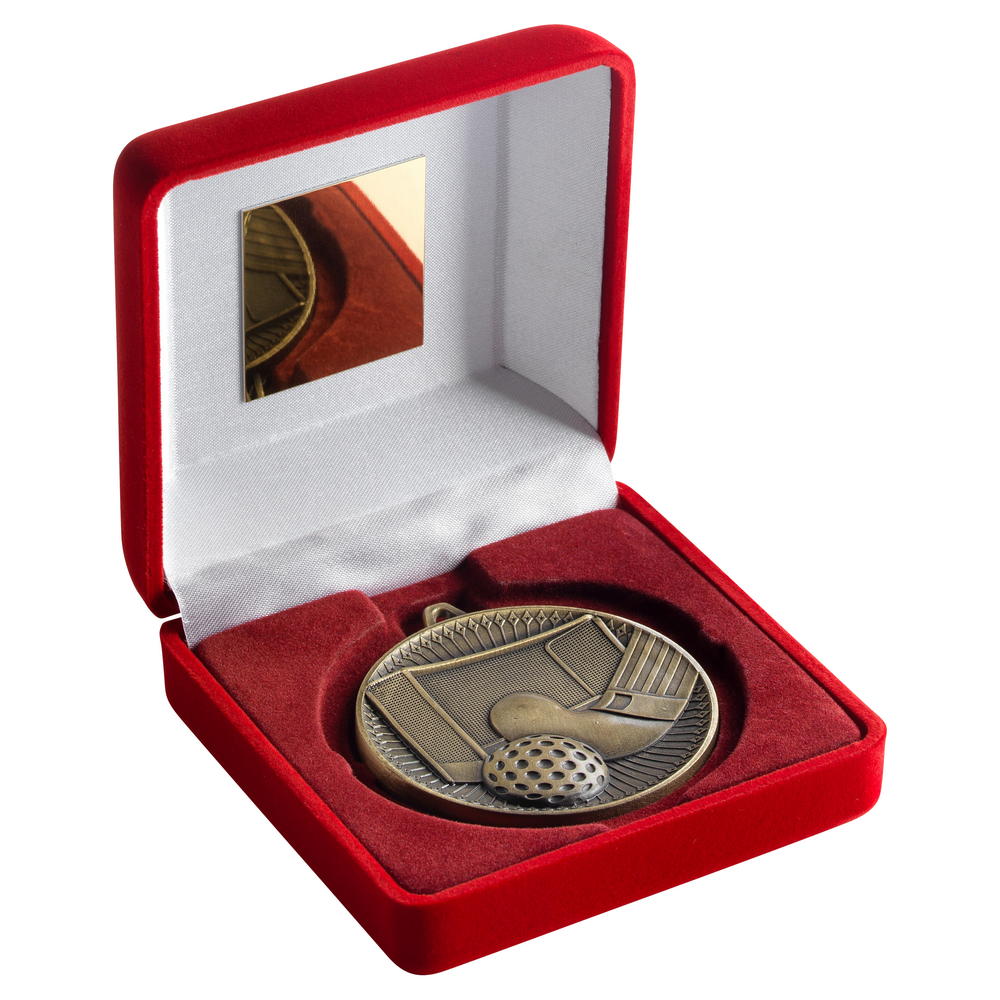 Red Velvet Box And 60mm Medal Hockey Trophy - Antique Gold - 4in