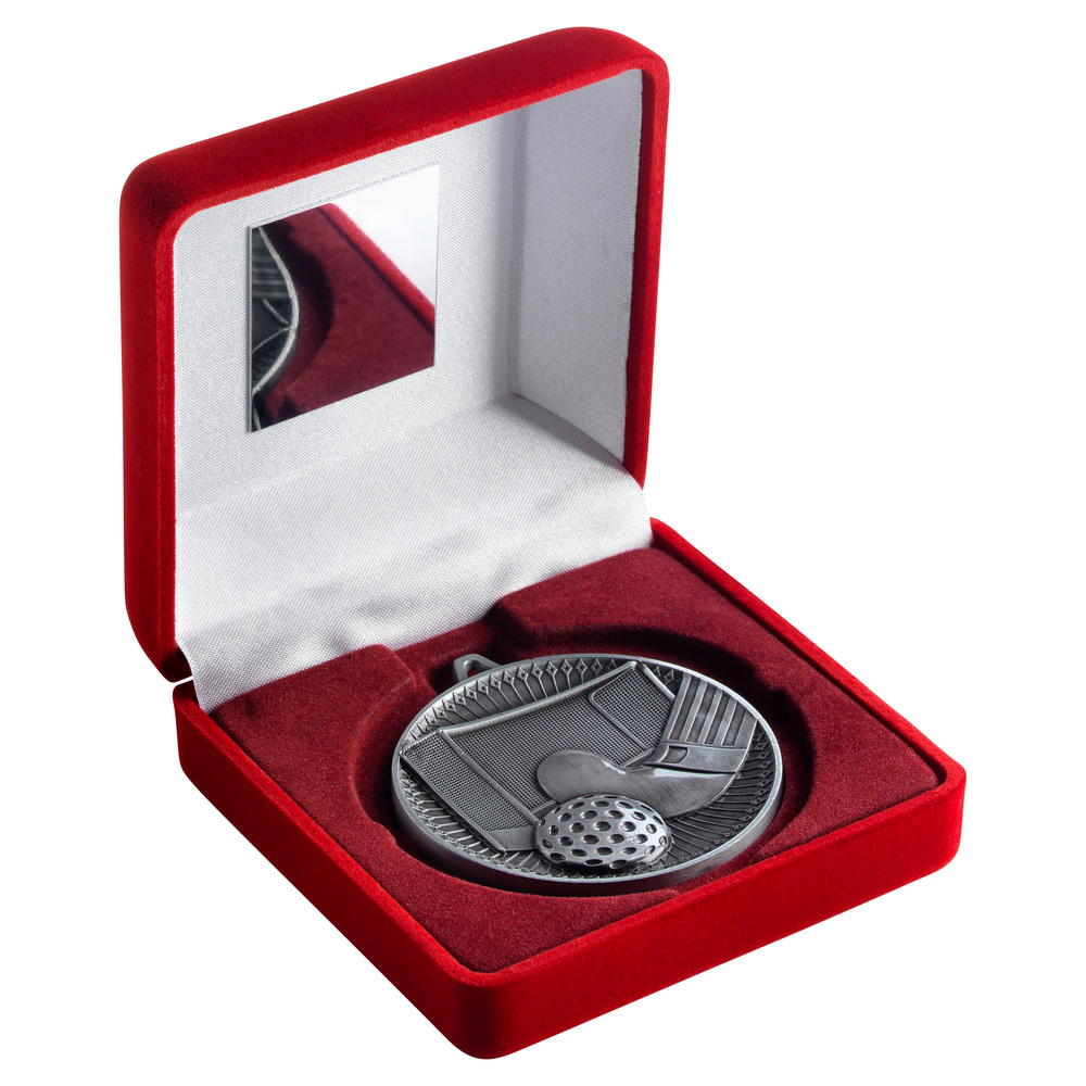 Red Velvet Box And 60mm Medal Hockey Trophy - Antique Silver - 4in