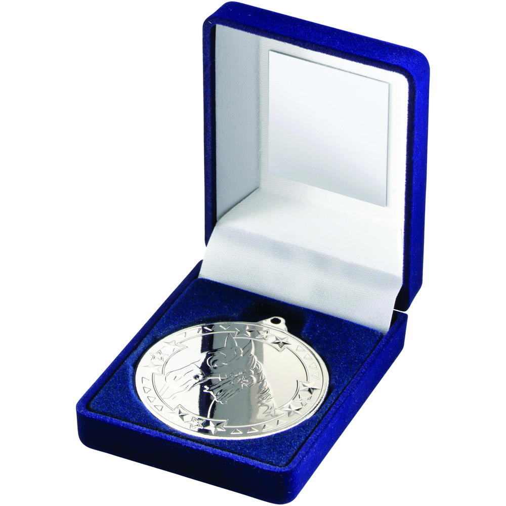 Blue Velvet Box And 50mm Medal Horse Trophy - Silver 3.5in