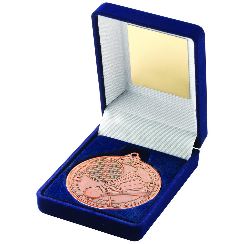 Blue Velvet Box And 50mm Medal Badminton Trophy - Bronze - 3.5in