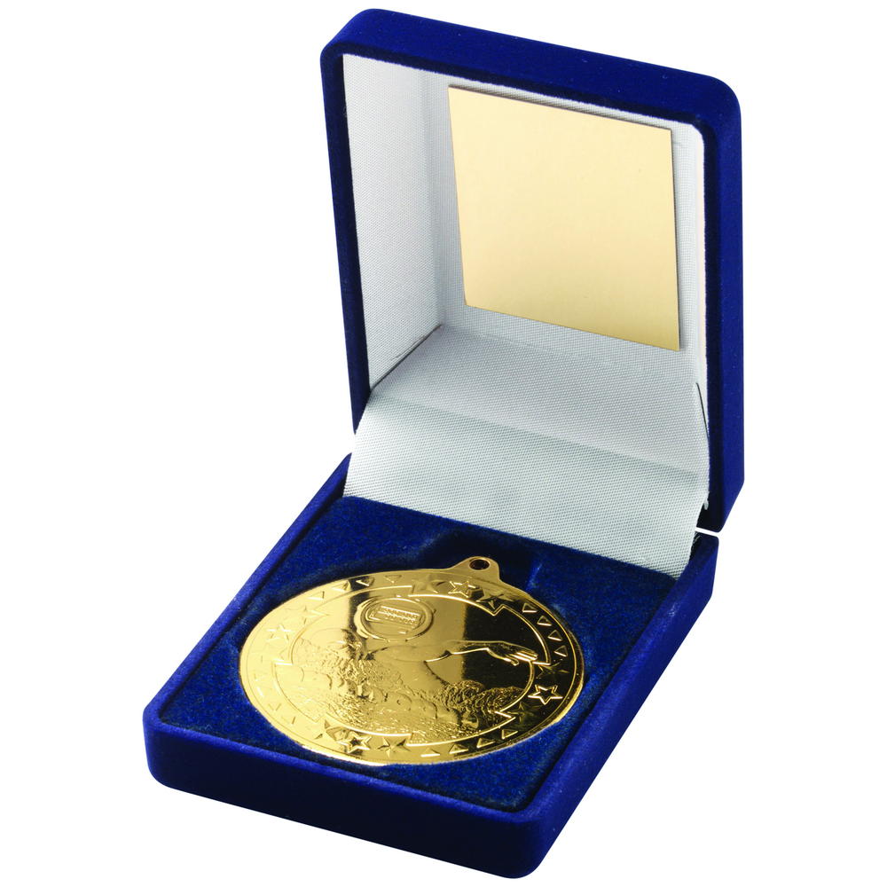 Blue Velvet Box And 50mm Medal Swimming Trophy - Gold 3.5in