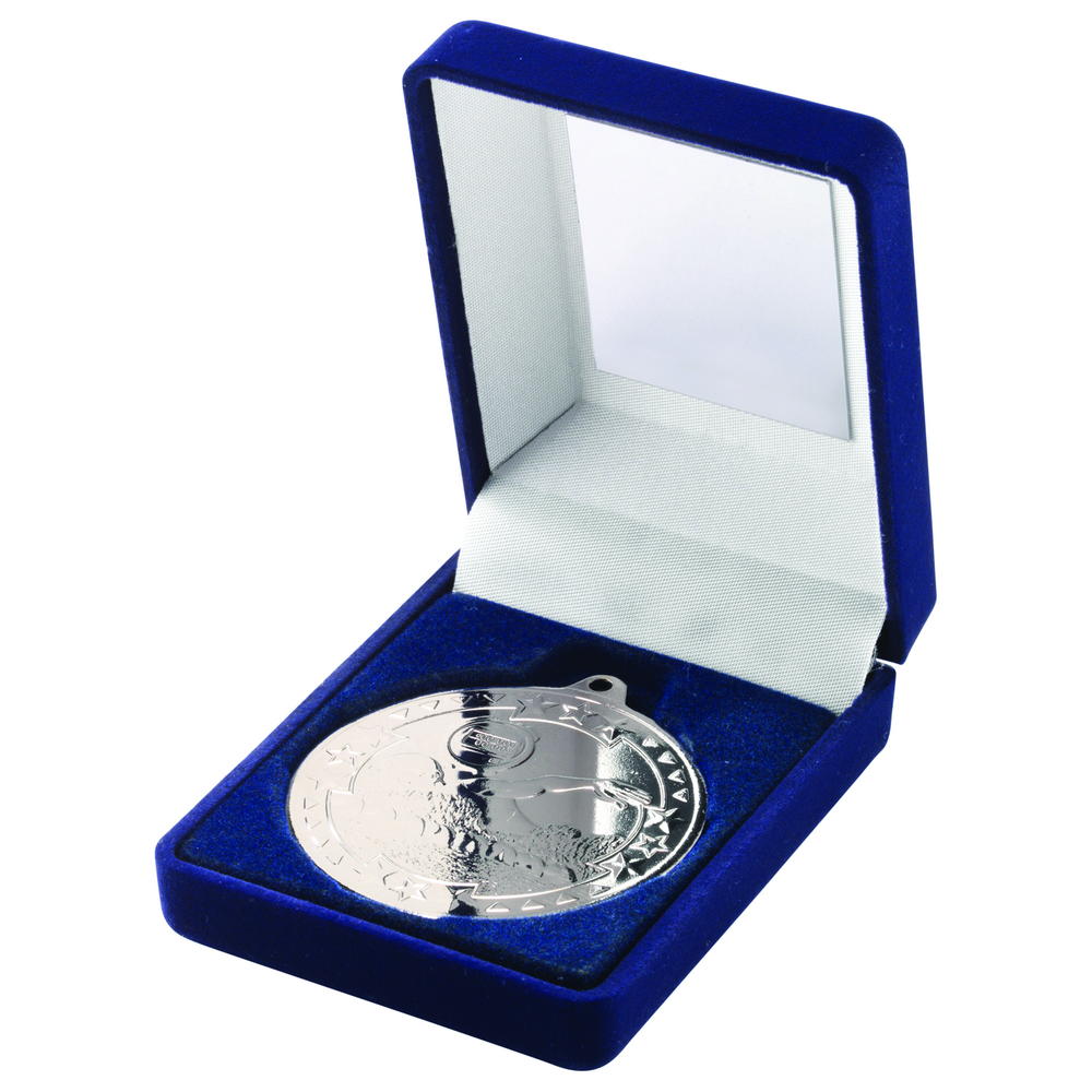 Blue Velvet Box And 50mm Medal Swimming Trophy - Silver 3.5in