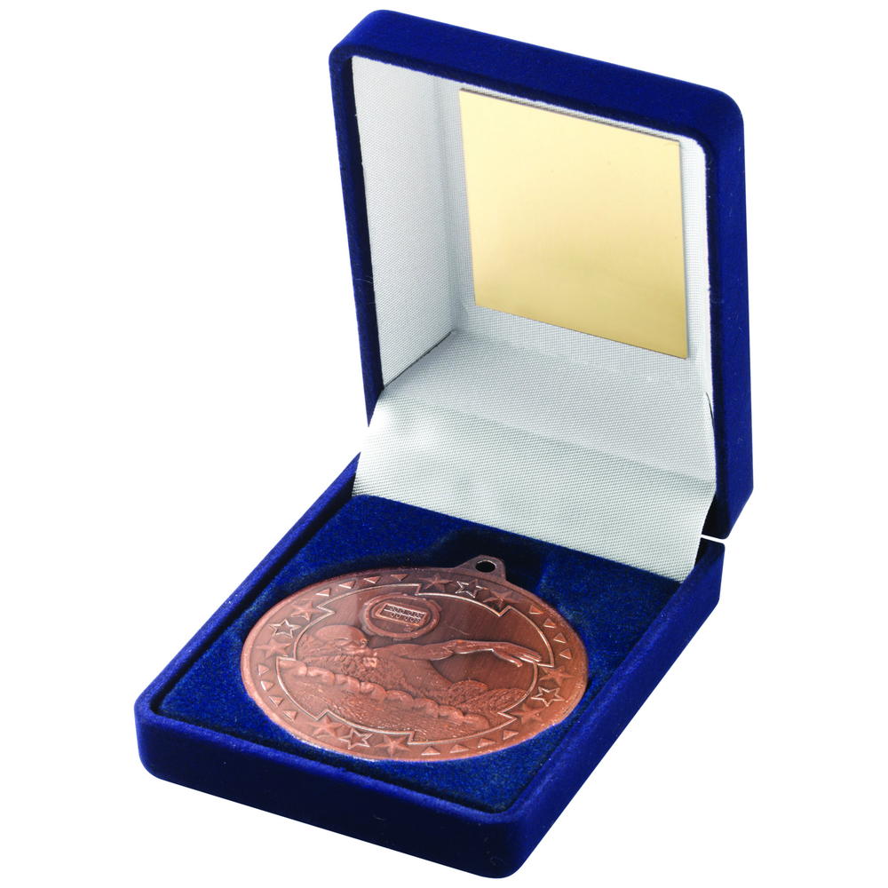 Blue Velvet Box And 50mm Medal Swimming Trophy - Bronze 3.5in