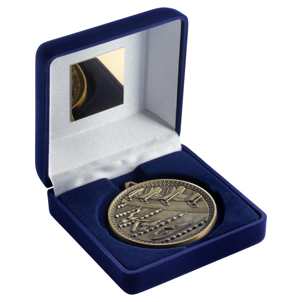 Blue Velvet Box And 60mm Medal Swimming Trophy - Antique Gold - 4in