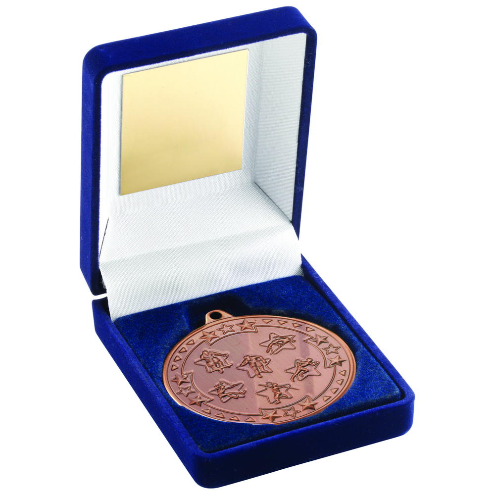 Blue Velvet Box And 50mm Medal Multi Athletics Trophy - Bronze 3.5in