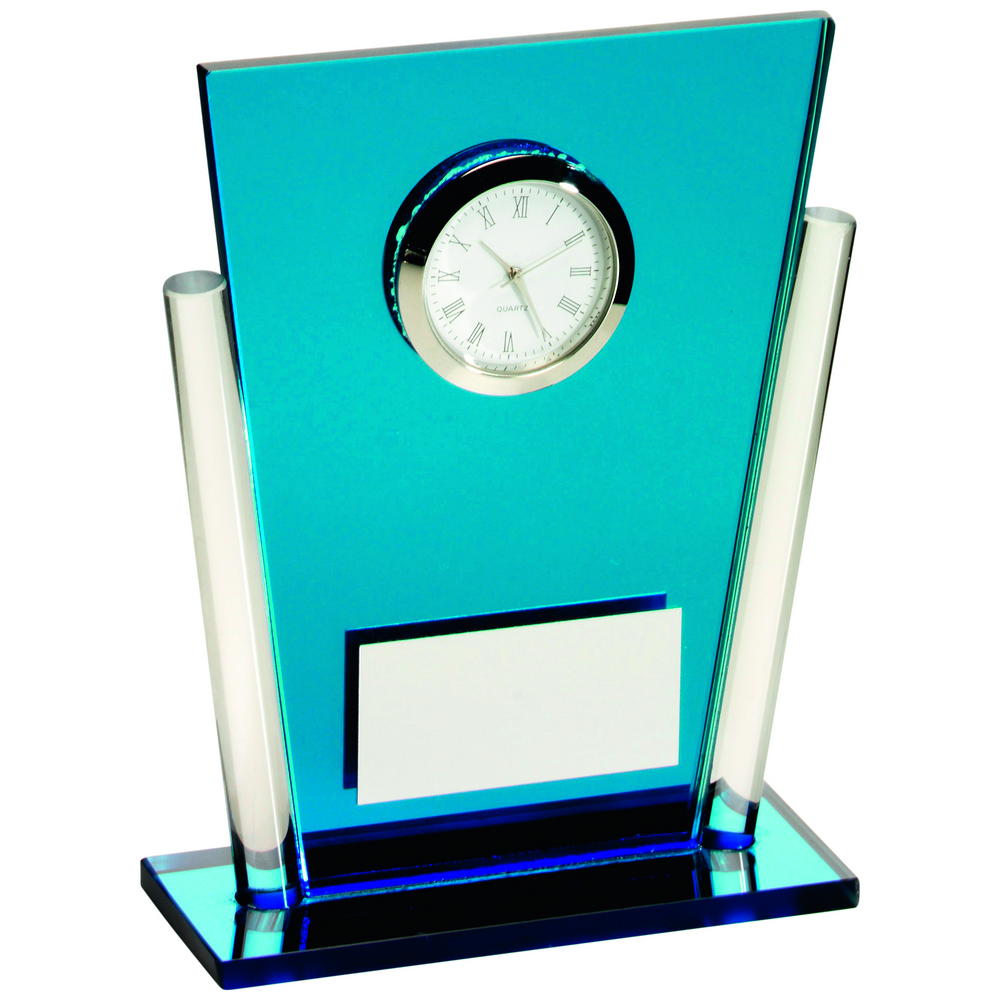 Blue/Clear Glass Tapered Rectangle Clock Trophy - 5.25in