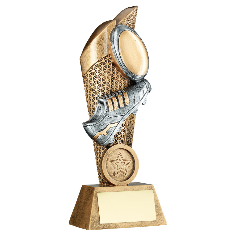 Bronze/Silver/Gold Rugby Ball And Boot On Mesh Backdrop