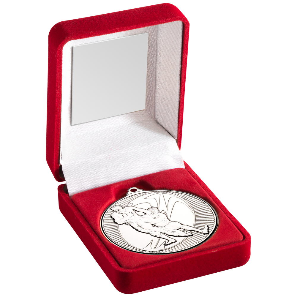 Red Velvet Box And 50mm Medal Rugby Trophy - Silver 3.5in