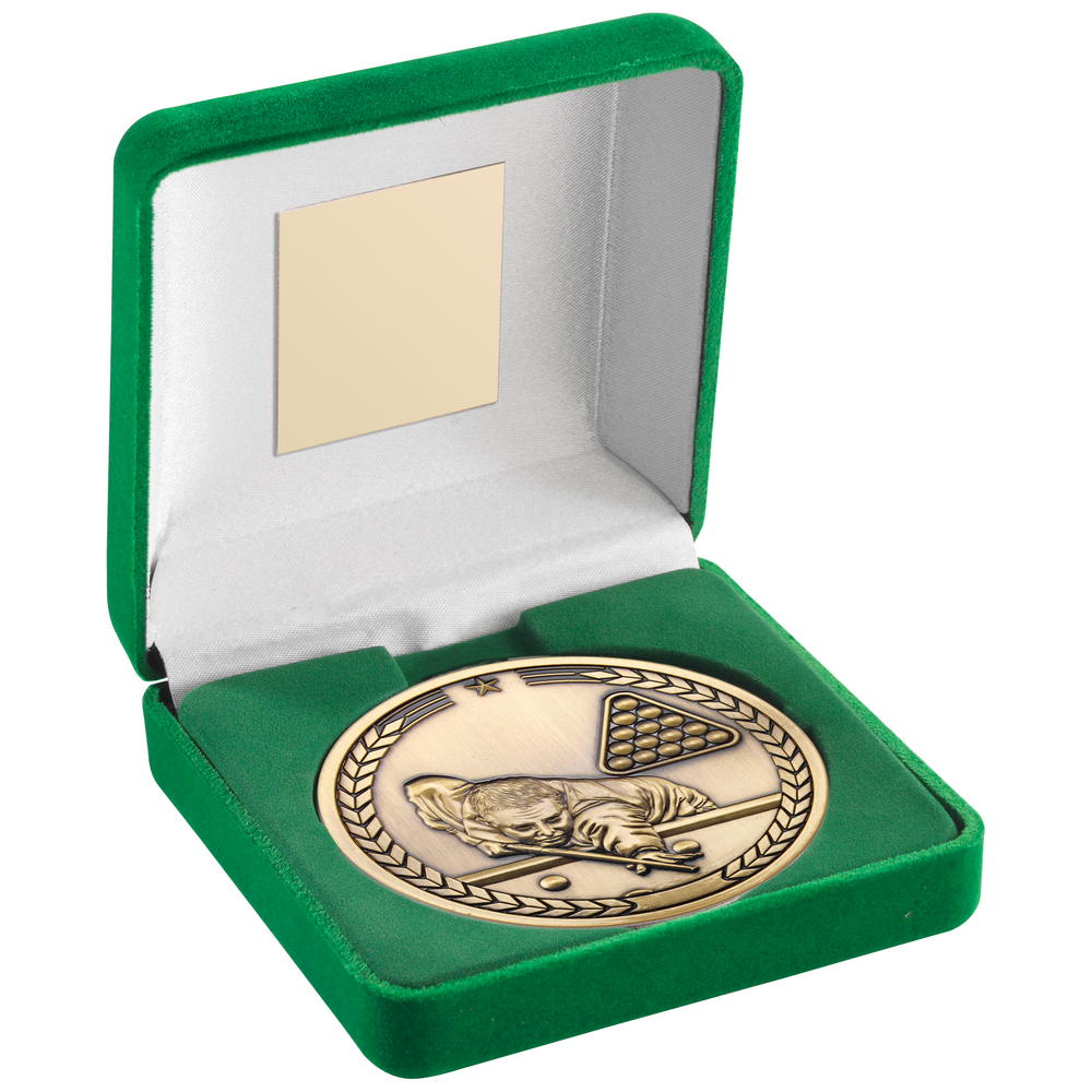 Green Velvet Box And 70mm Medallion Pool/Snooker Trophy - Antique Gold - 4in