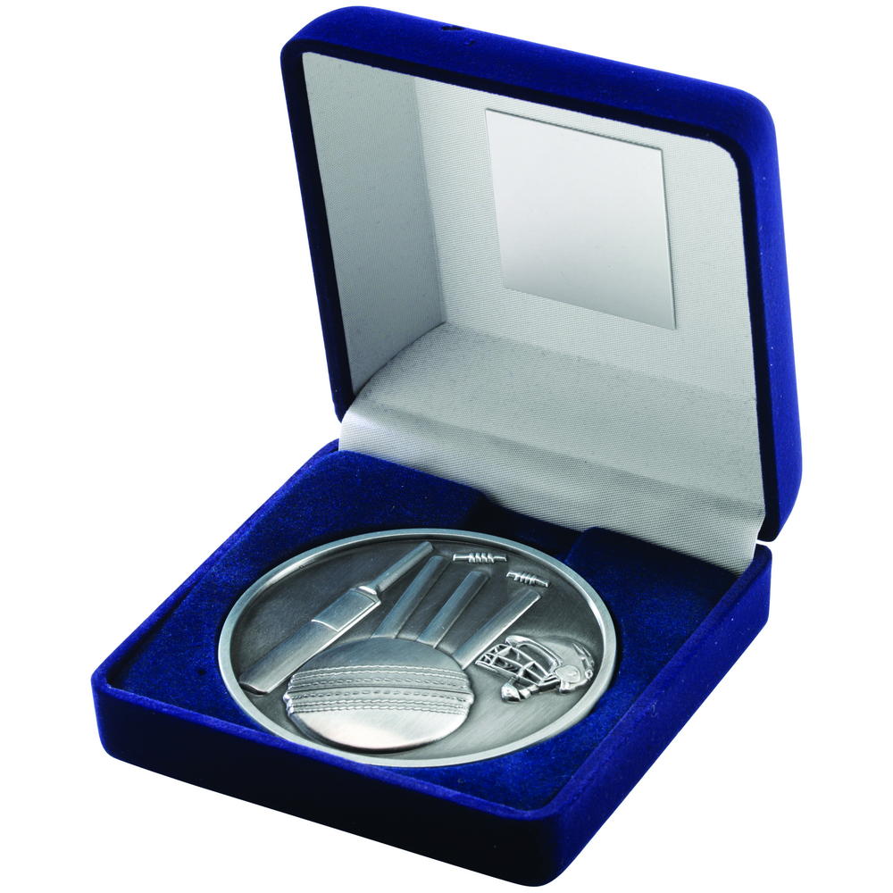Blue Velvet Box And 70mm Medallion Cricket Trophy - Antique Silver 4in