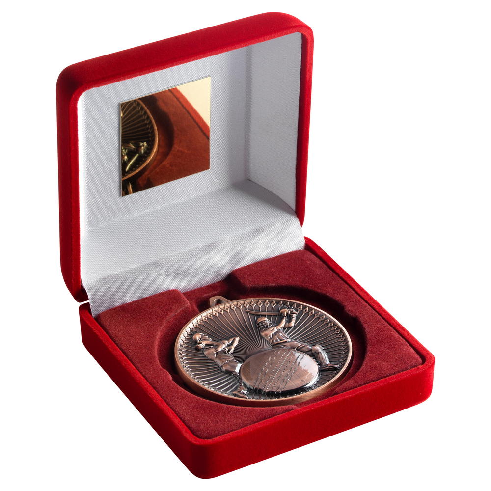 Red Velvet Box And 60mm Medal Cricket Trophy - Bronze - 4in