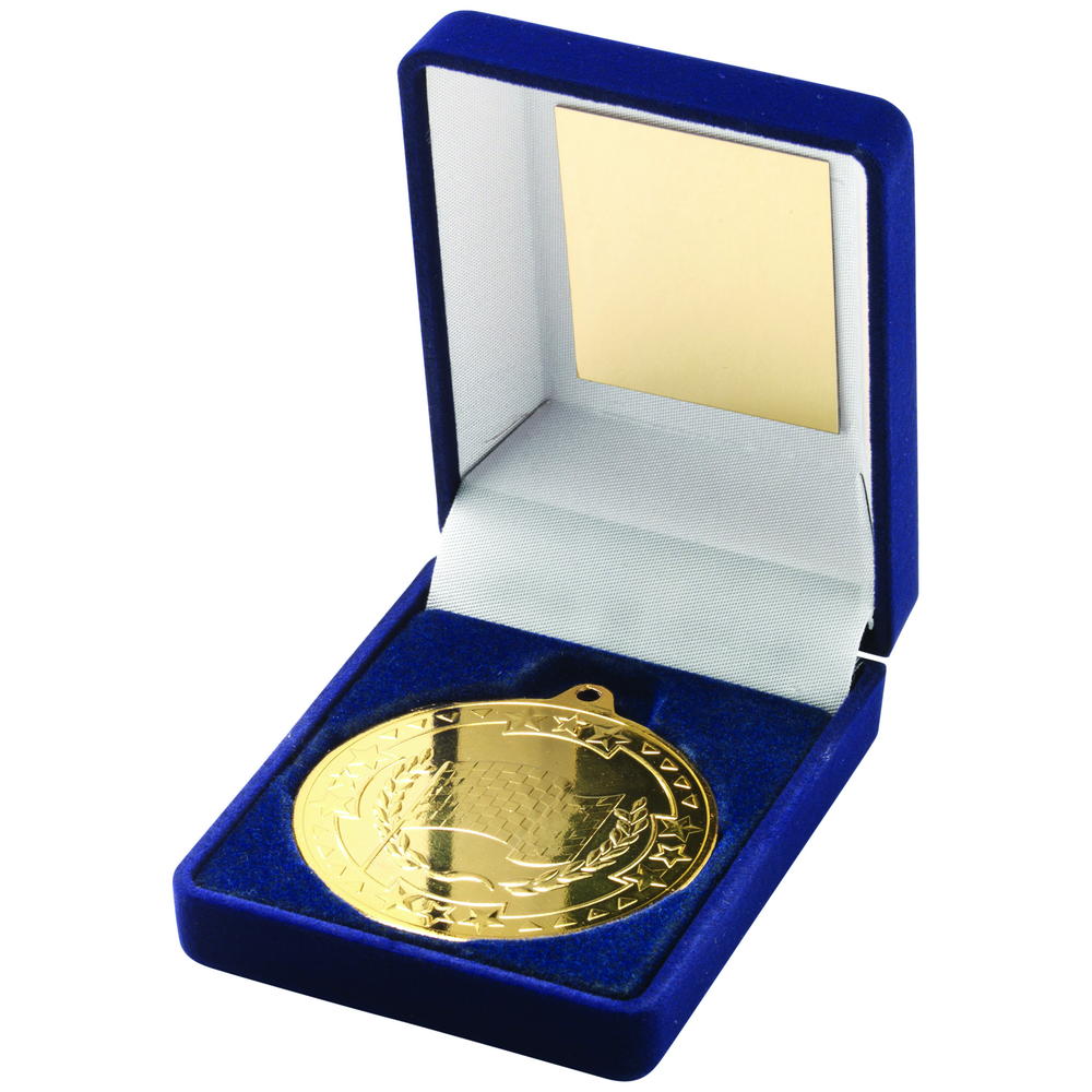 Blue Velvet Box And 50mm Medal Motor Sport Trophy - Gold 3.5in