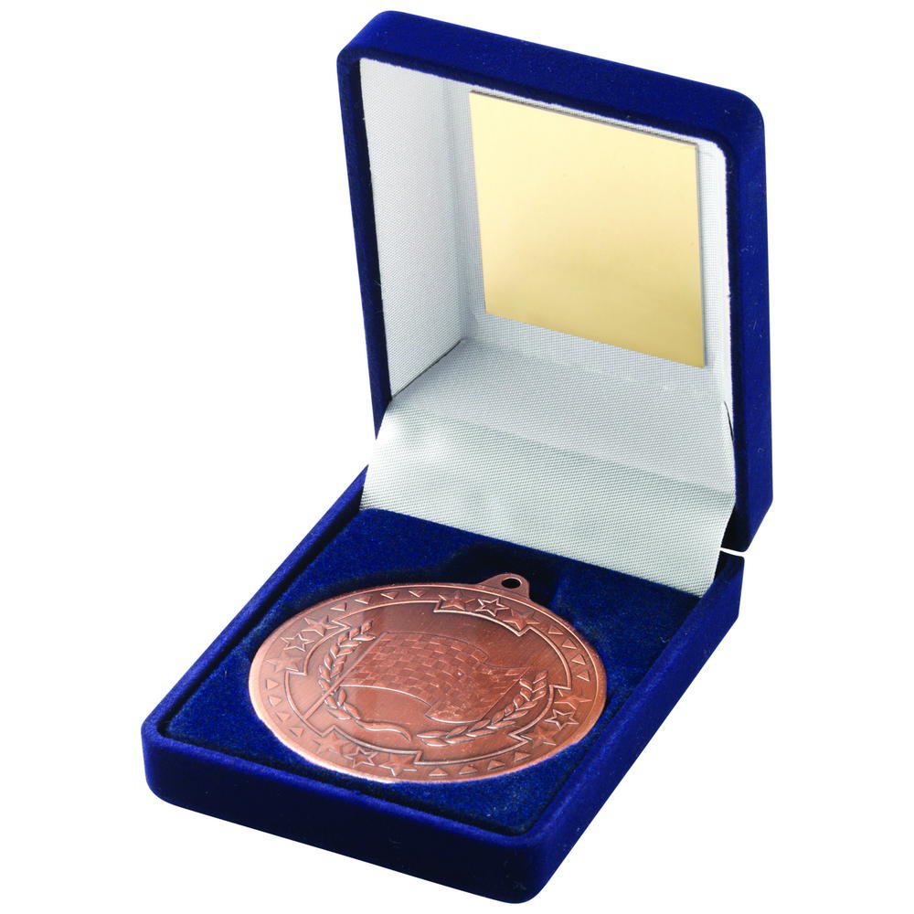 Blue Velvet Box And 50mm Medal Motor Sport Trophy - Bronze 3.5in