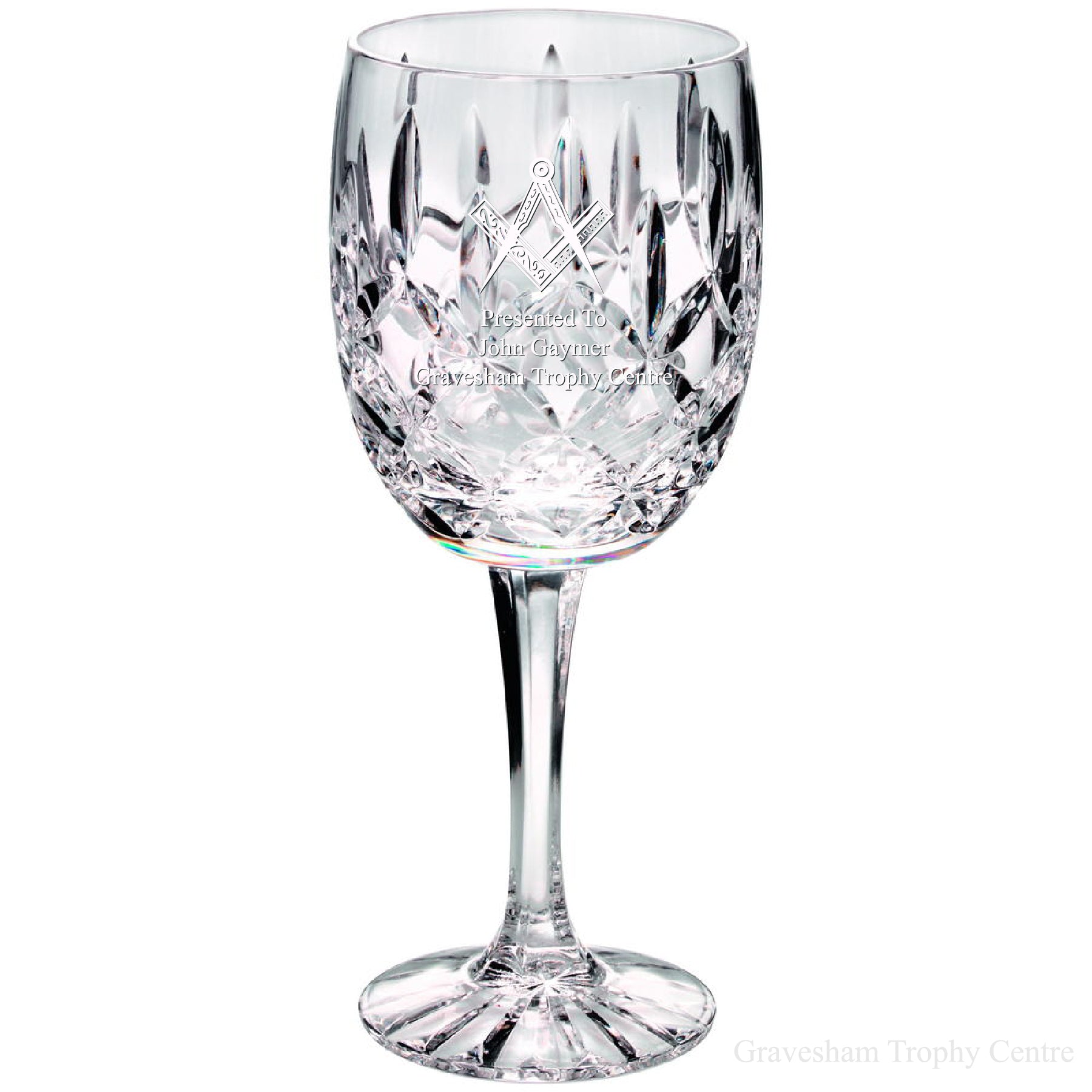 Personalised Freemasons Masonic 24% Lead Crystal Wine Glass. Satin Gift Box Included.