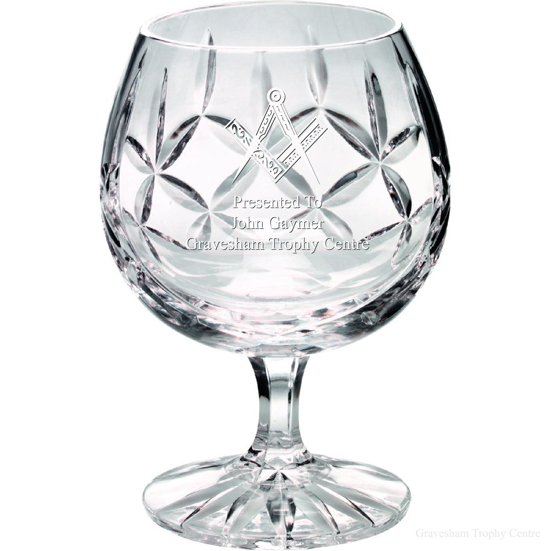 Etched Masonic 24% Lead Crystal Brandy Glass. Satin Gift Box included.