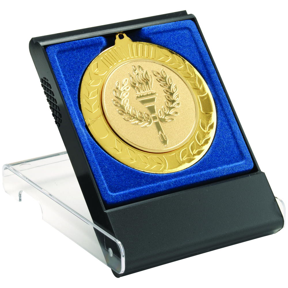 Black/Clear Medal Box - Large (50/60/70mm Recess Blue Insert) 4.75in