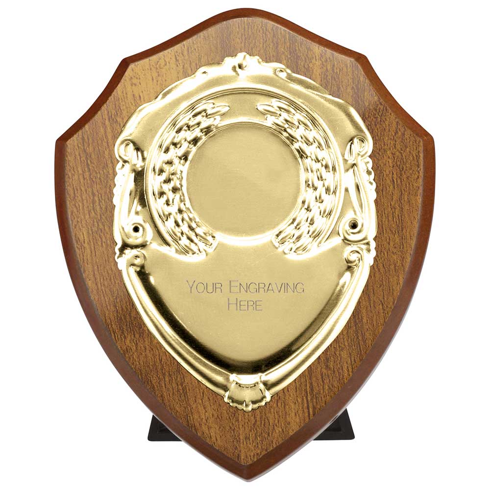 Aegis Wooden Shield with Engraved Front - Walnut & Gold