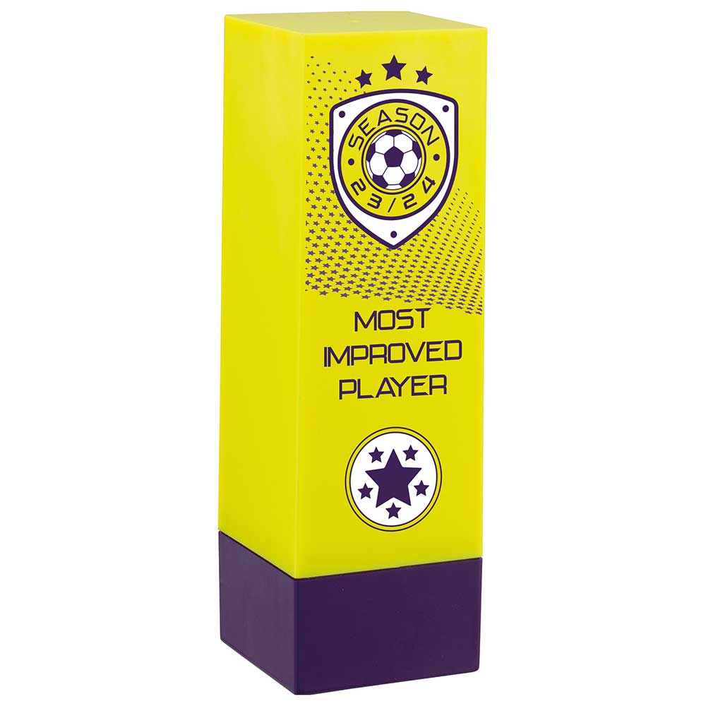 Prodigy Premier Football Tower - Most Improved Award - Yellow & Purple (160mm Height)
