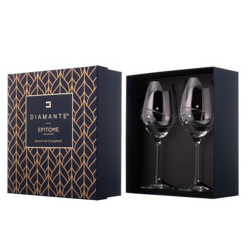 2 Diamante Wine Glasses with Spiral Design Cutting in a Satin Lined Gift Box