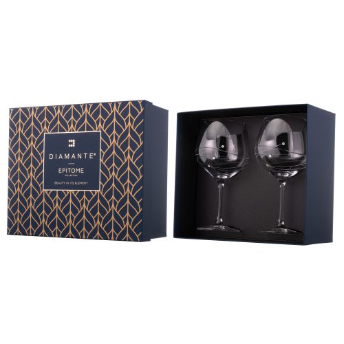 2 Diamante Gin Glasses with Spiral Design Cutting in a Satin Lined Gift Box