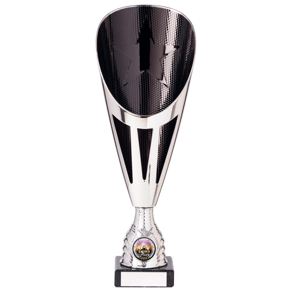 Rising Stars Plastic Laser Cut Trophy Cup - Silver & Black