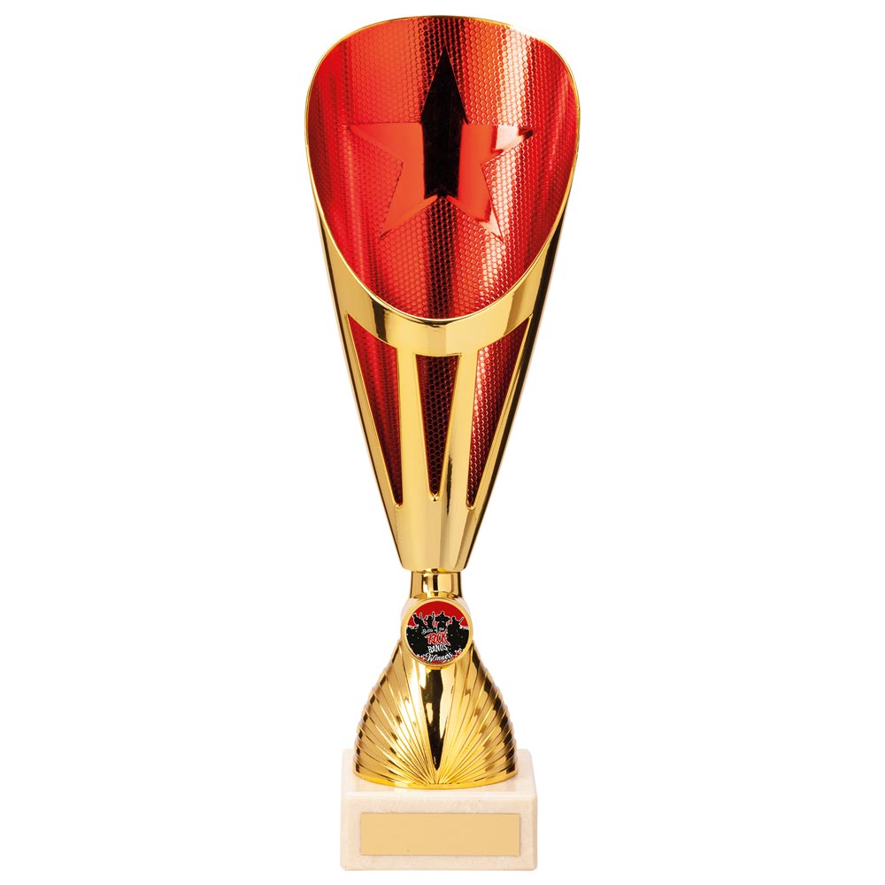 Rising Stars Plastic Laser Cut Trophy Cup - Gold & Red