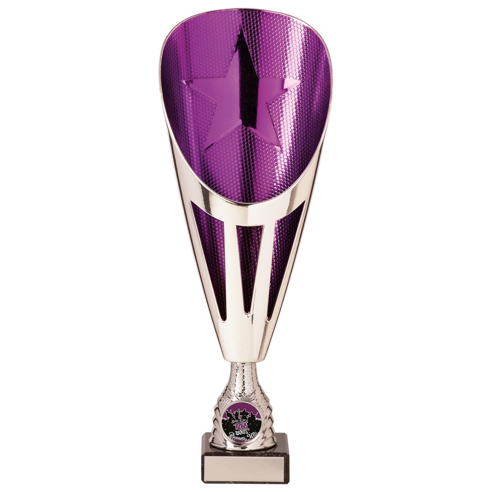 Rising Stars Plastic Laser Cut Trophy Cup - Silver & Purple