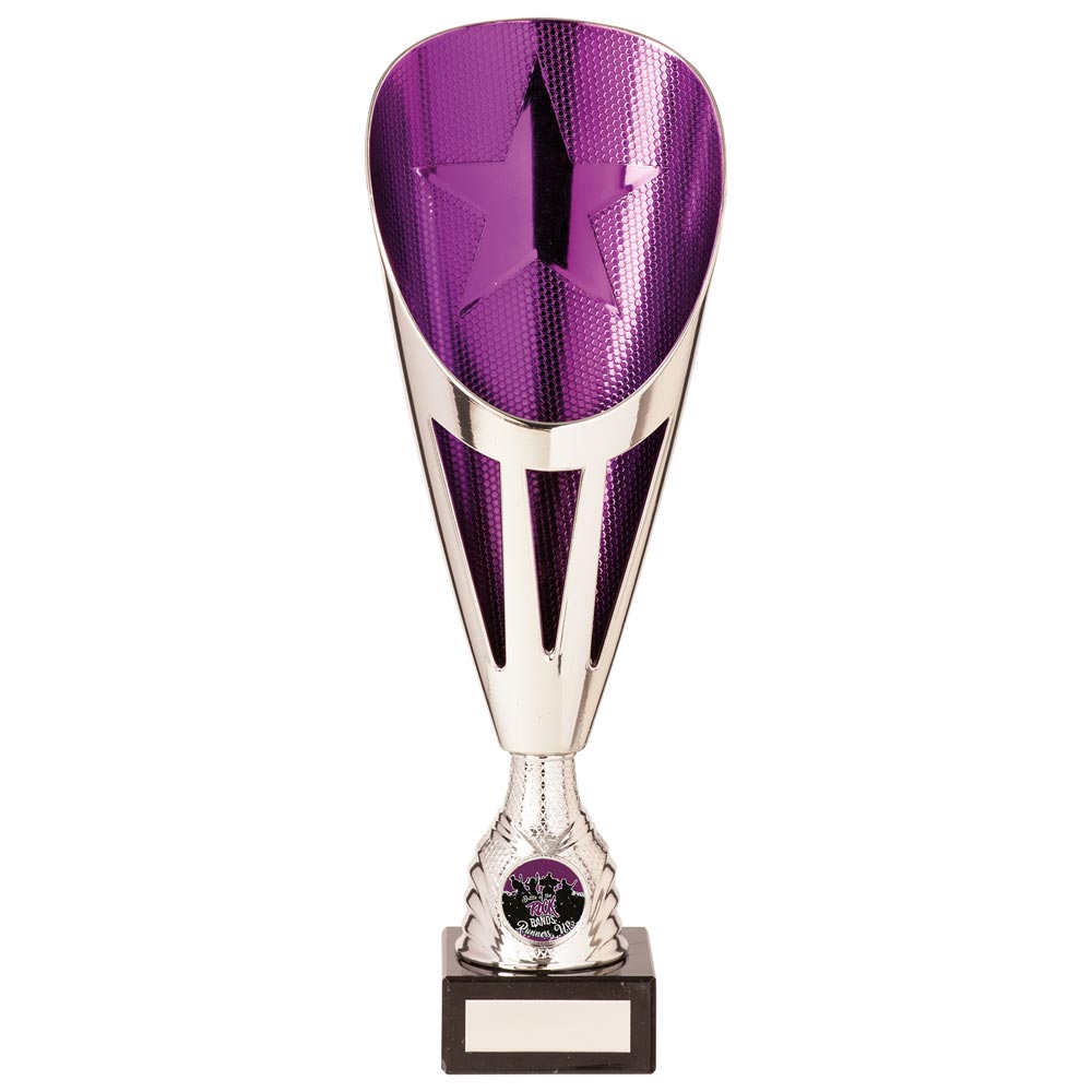 Rising Stars Plastic Laser Cut Trophy Cup - Silver & Purple