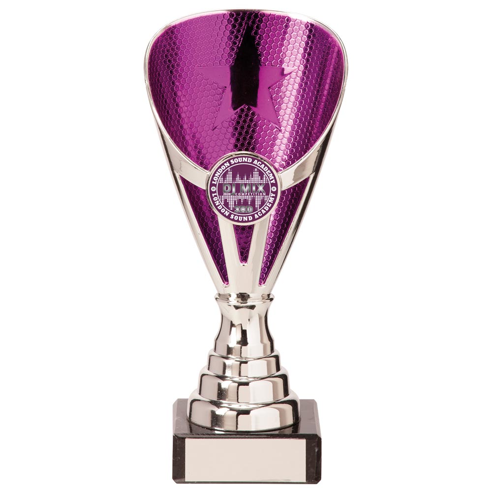 Rising Star Budget Laser Cut Plastic Trophy Cup - Silver & Purple