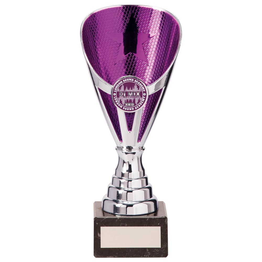 Rising Star Budget Laser Cut Plastic Trophy Cup - Silver & Purple