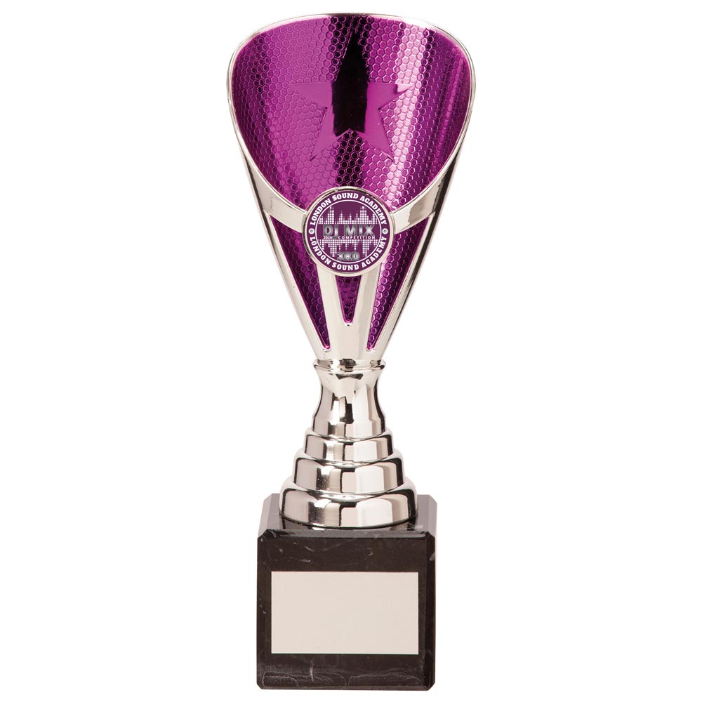 Rising Star Budget Laser Cut Plastic Trophy Cup - Silver & Purple