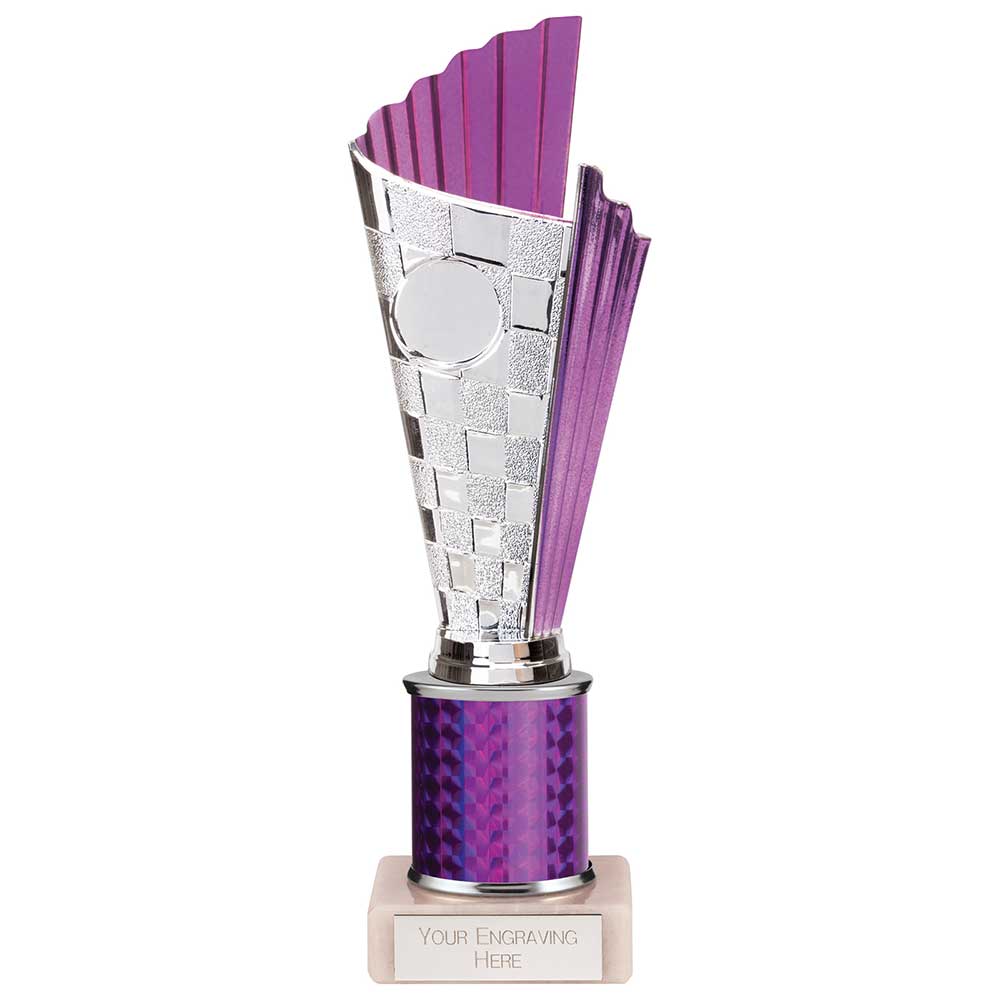 Flash Chequered Plastic Trophy Cup on Tube - Purple (245mm Height)